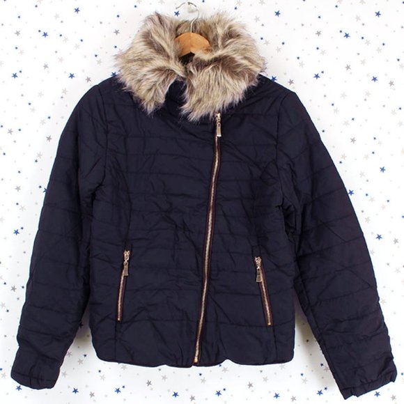 Removable Faux Fur Collar Puffer Jacket Dark Navy - Picture 8 of 8